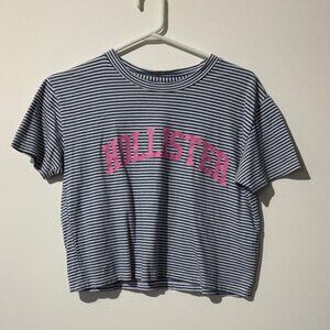 🎉4/30$🎉 Hollister Blue and White Striped Crop Top with Pink Text